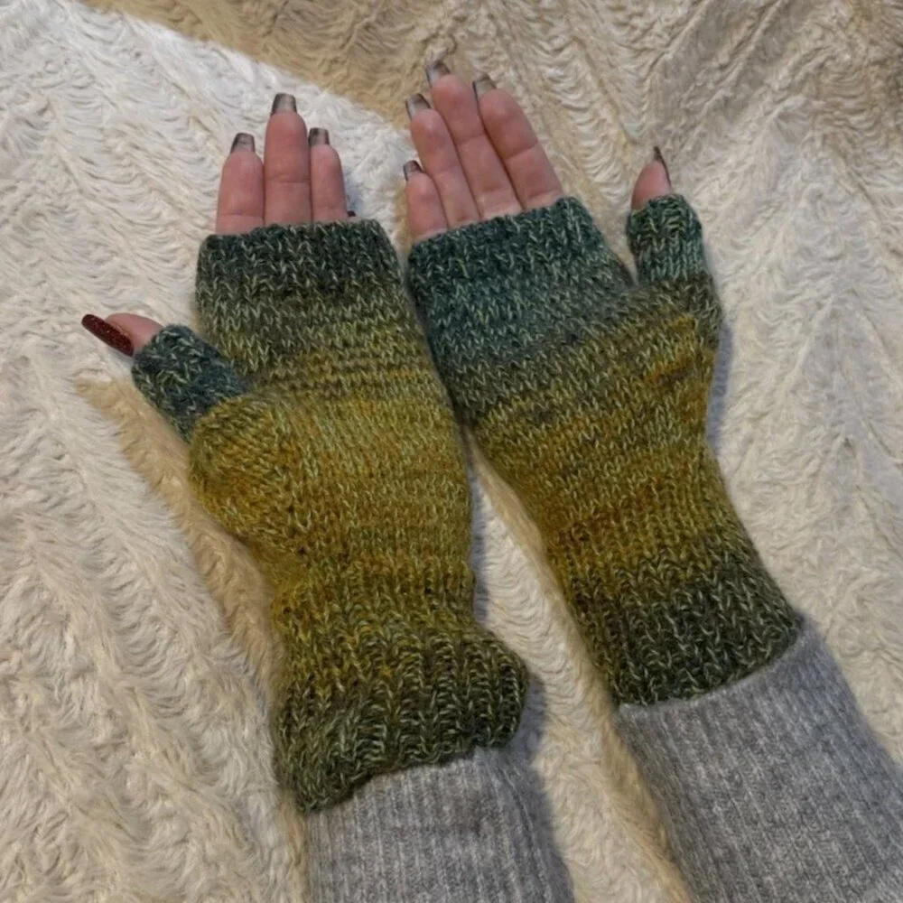 Handmade Women's Wool Blend Green Colorful Knit Fingerless Soft Mittens Gloves